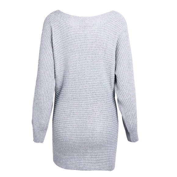 Gray Off The Shoulder Slouch Tie Sweater C68 - Picture 6 of 7